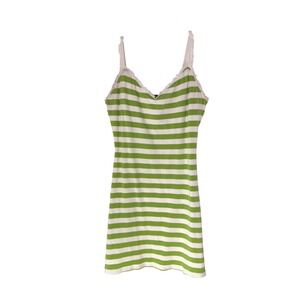 Moda International Tank Dress Green Striped Lace Trim Bodycon Casual Mini Medium